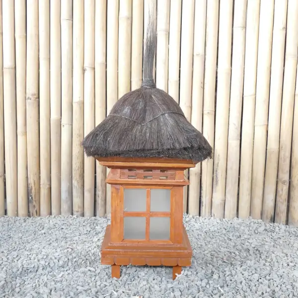 Product image 1 of the product “Balinese Garden Lantern, H 52 cm. Made from wood, glas and natural black grass. ”